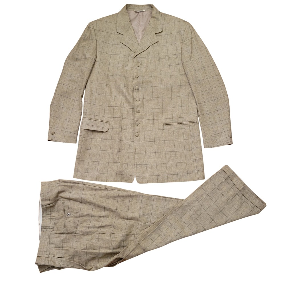 Falcone 46 Long Suit Tan Windowpane 8 Button Jacket Trousers USA Preppy Pleated